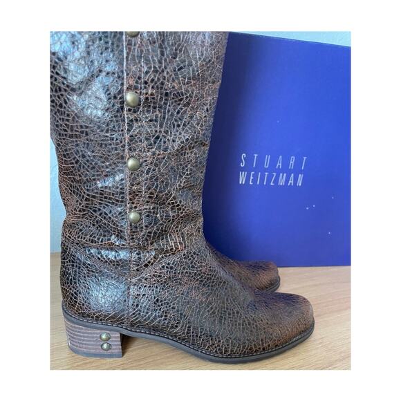 Stuart Weitzman Brown Leather Tall Boots Brass Ring - Picture 3 of 12